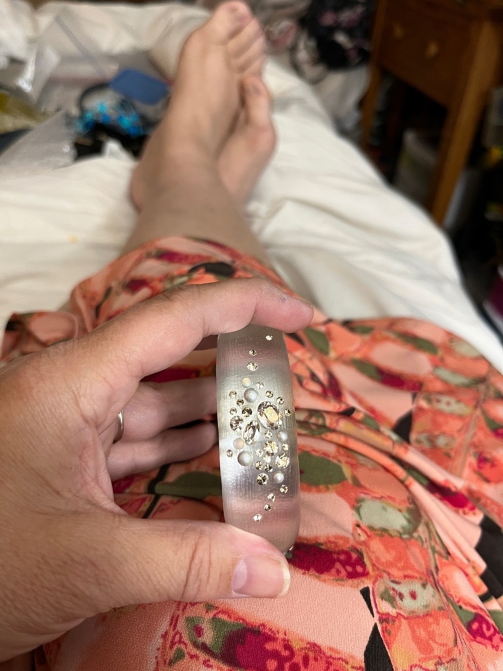Alexis Bittar Frosted Clear Resin Bangle with Crystal and Pearl Cluster - Picture 5 of 9
